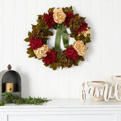 24” Peony, Dahlia and Hydrangea Artificial Wreath - Tampa Home & Garden Store