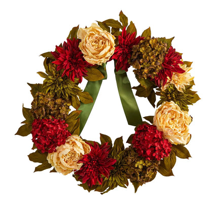 24” Peony, Dahlia and Hydrangea Artificial Wreath - Tampa Home & Garden Store