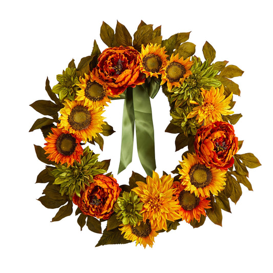 24” Peony, Dahlia and Sunflower Artificial Wreath - Tampa Home & Garden Store