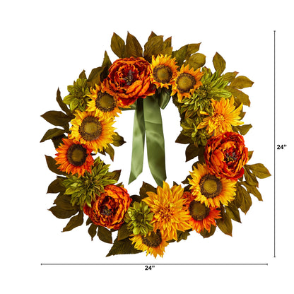 24” Peony, Dahlia and Sunflower Artificial Wreath - Tampa Home & Garden Store