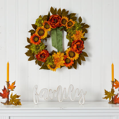 24” Peony, Dahlia and Sunflower Artificial Wreath - Tampa Home & Garden Store