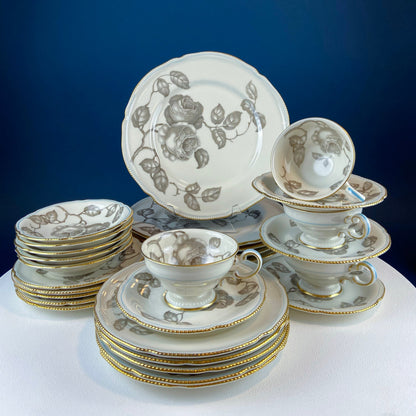 24 Piece Porcelain Dinner Set. Castleton Gloria. Beautiful Neutral Hand Painted Roses. 5 Dinner, Salad, Dessert Plates, Berry Bowls, 4 Cups. - Tampa Home & Garden Store