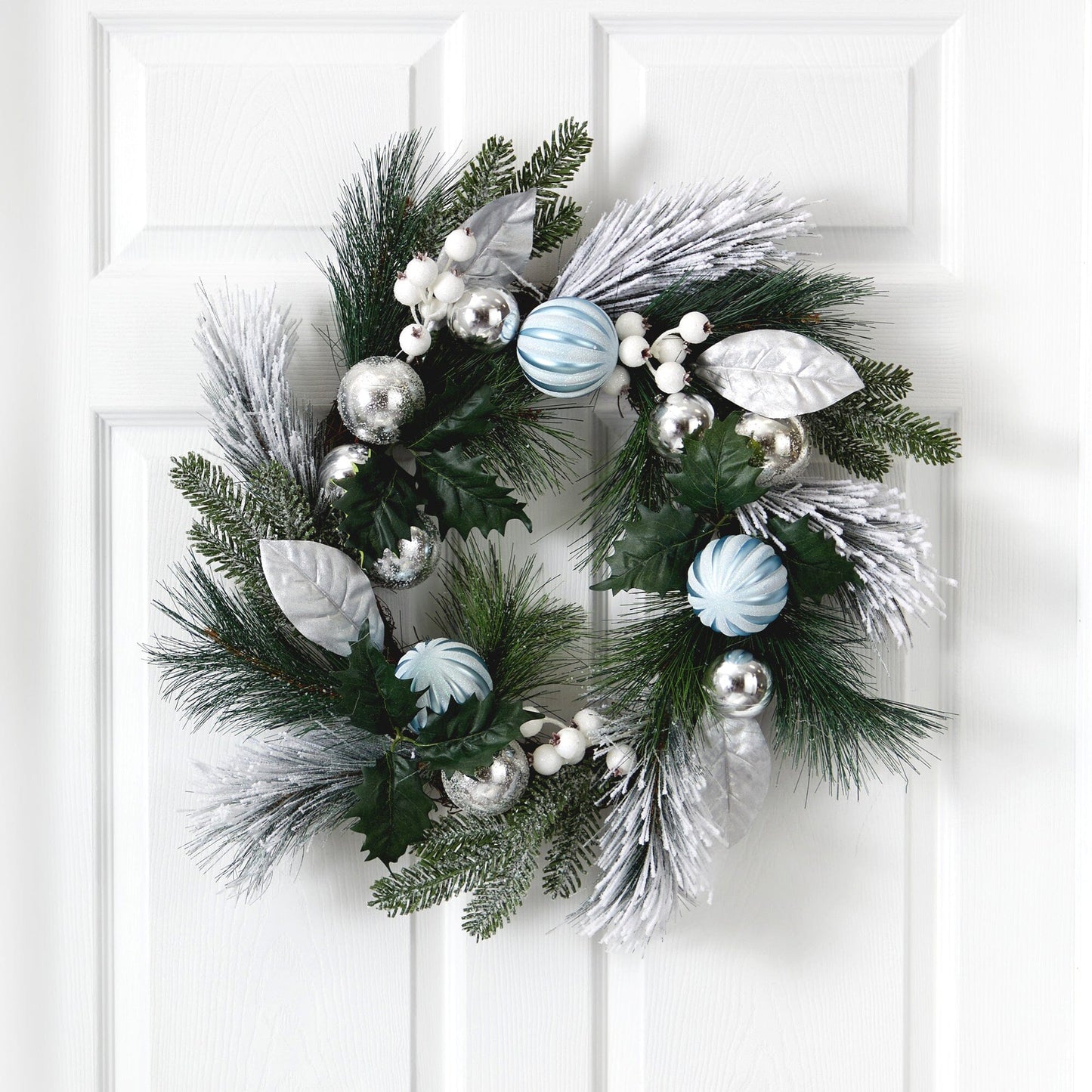 24” Pinecones and Berries Christmas Artificial Wreath with Silver Ornaments - Tampa Home & Garden Store
