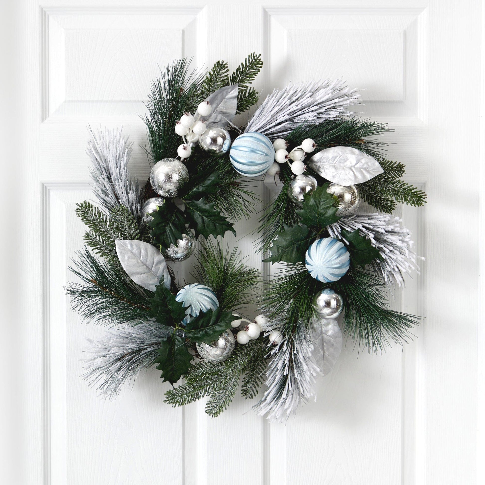 24” Pinecones and Berries Christmas Artificial Wreath with Silver Ornaments - Tampa Home & Garden Store