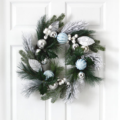 24” Pinecones and Berries Christmas Artificial Wreath with Silver Ornaments - Tampa Home & Garden Store