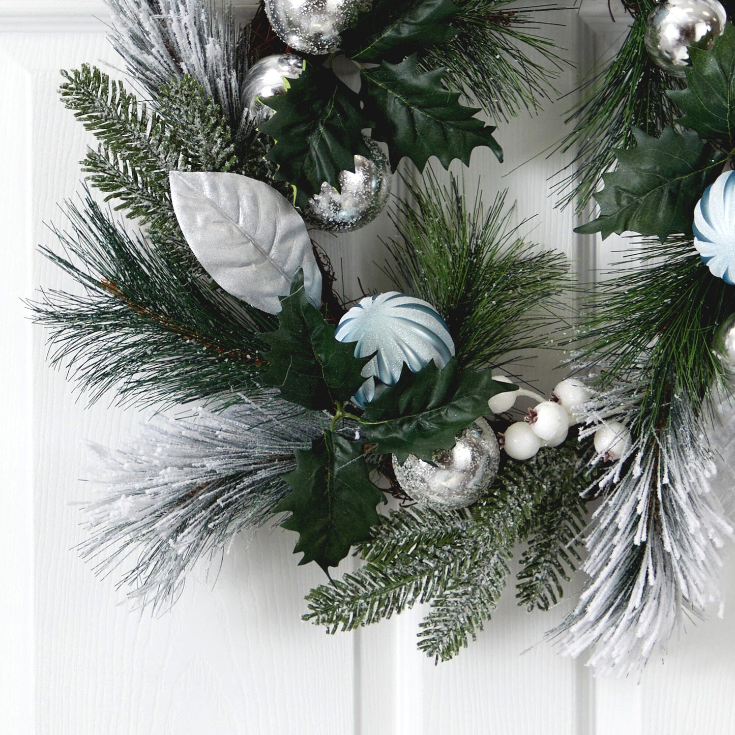 24” Pinecones and Berries Christmas Artificial Wreath with Silver Ornaments - Tampa Home & Garden Store