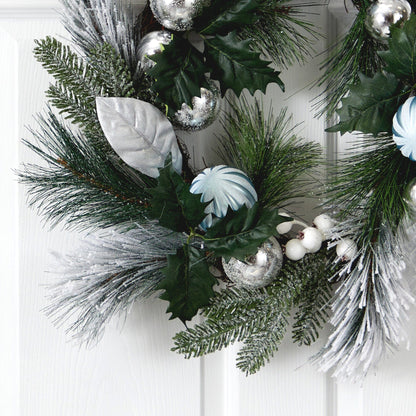 24” Pinecones and Berries Christmas Artificial Wreath with Silver Ornaments - Tampa Home & Garden Store