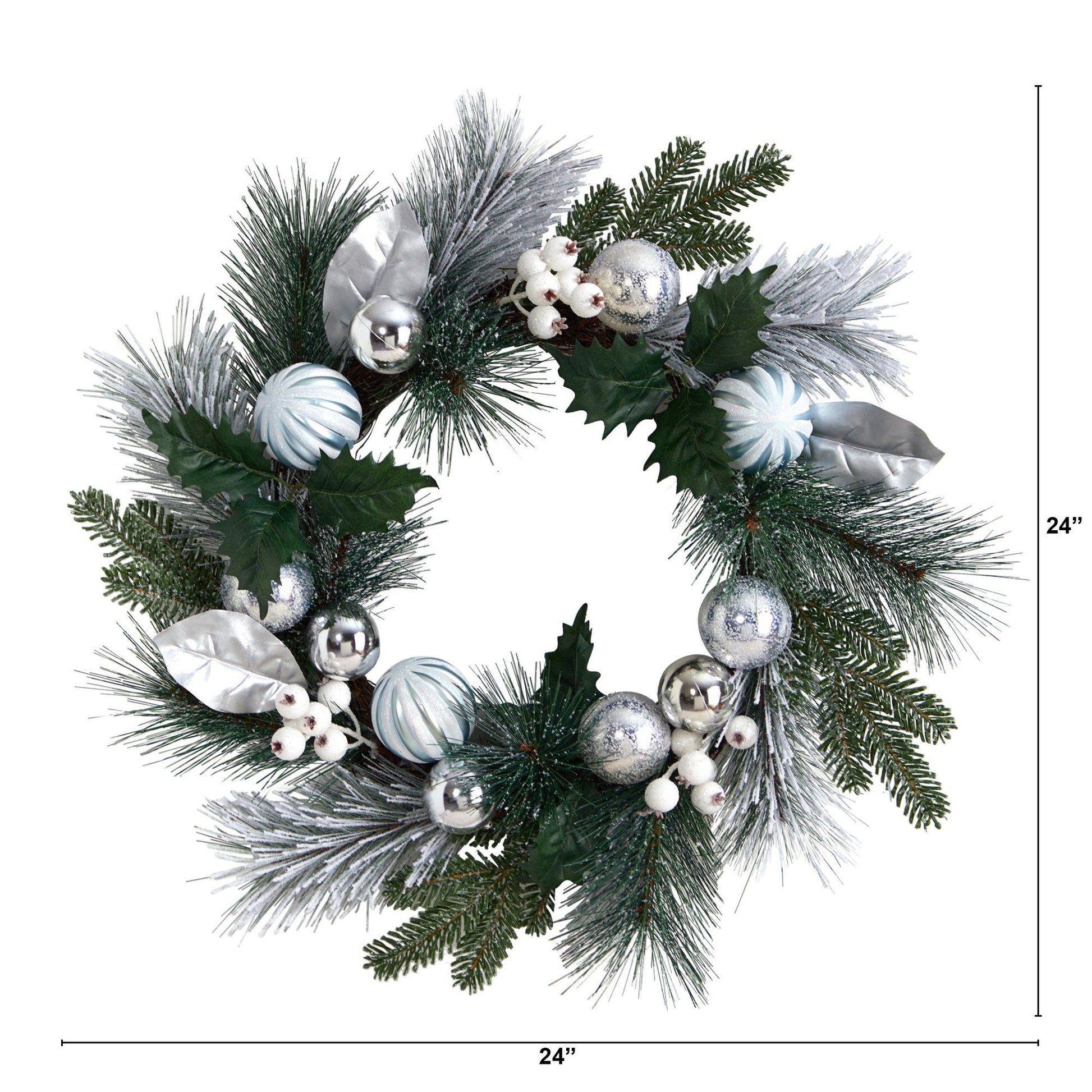 24” Pinecones and Berries Christmas Artificial Wreath with Silver Ornaments - Tampa Home & Garden Store