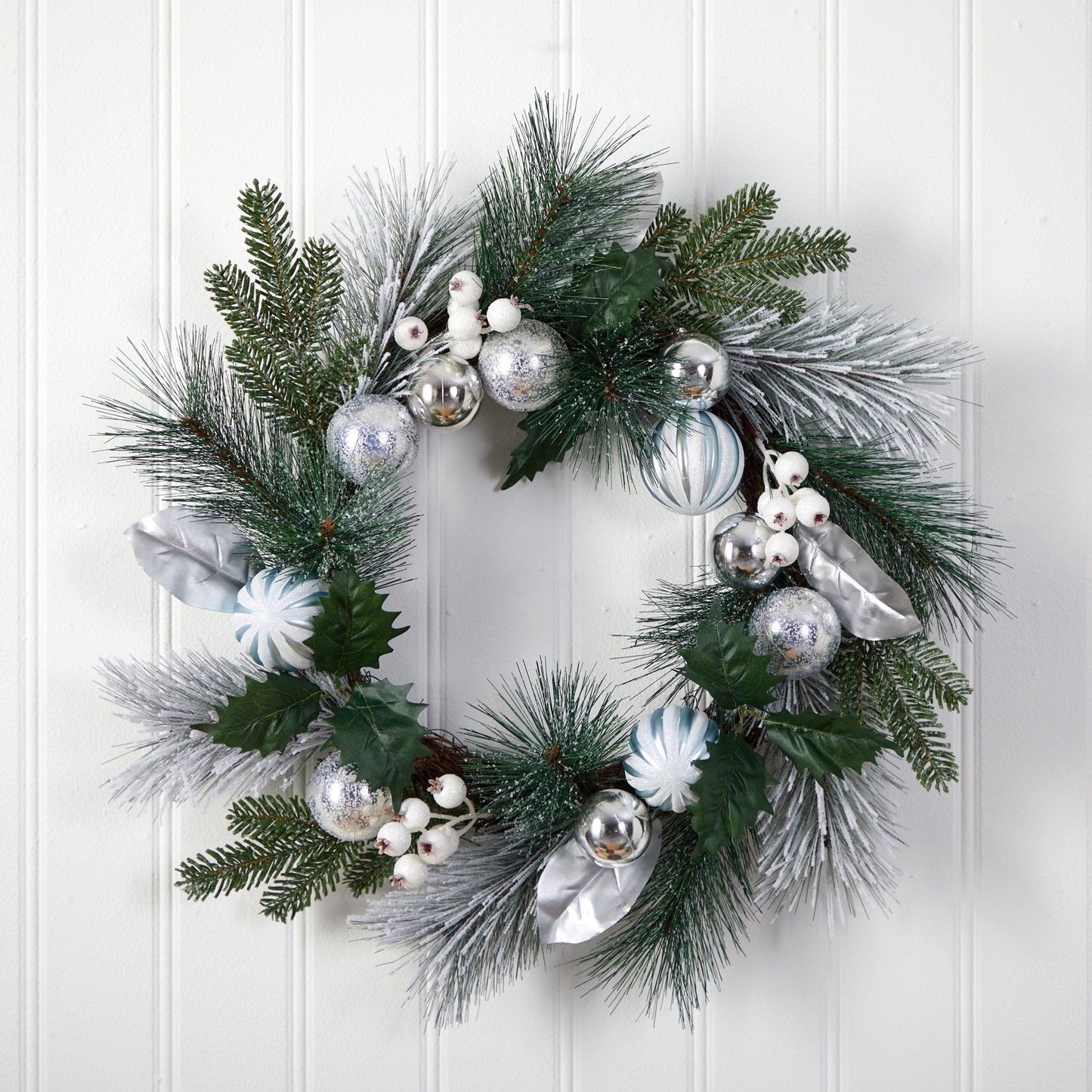 24” Pinecones and Berries Christmas Artificial Wreath with Silver Ornaments - Tampa Home & Garden Store