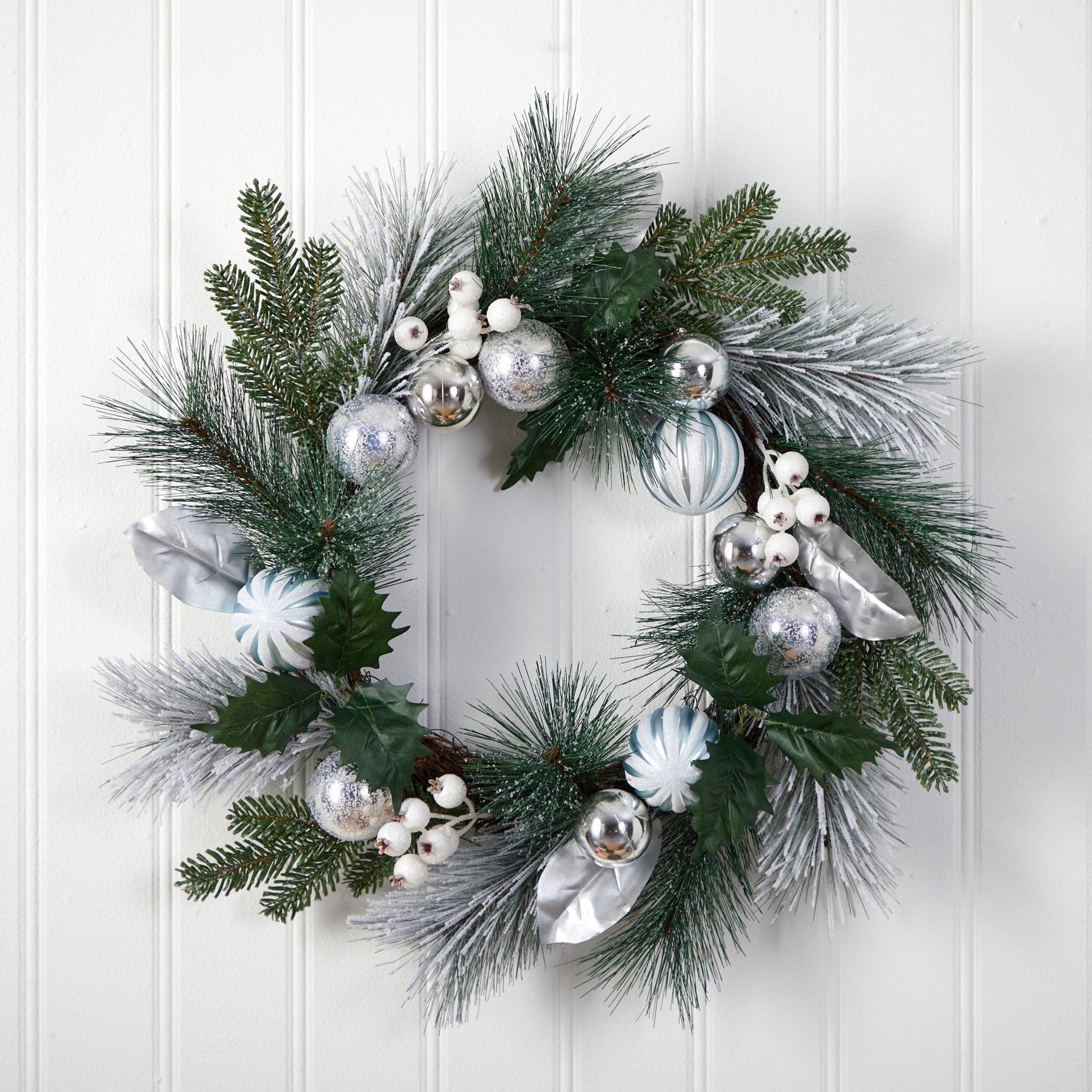 24” Pinecones and Berries Christmas Artificial Wreath with Silver Ornaments - Tampa Home & Garden Store