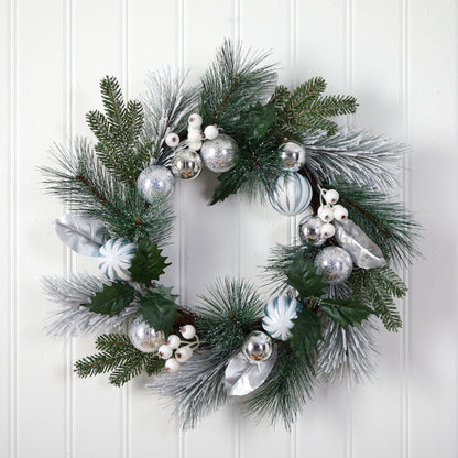 24” Pinecones and Berries Christmas Artificial Wreath with Silver Ornaments - Tampa Home & Garden Store