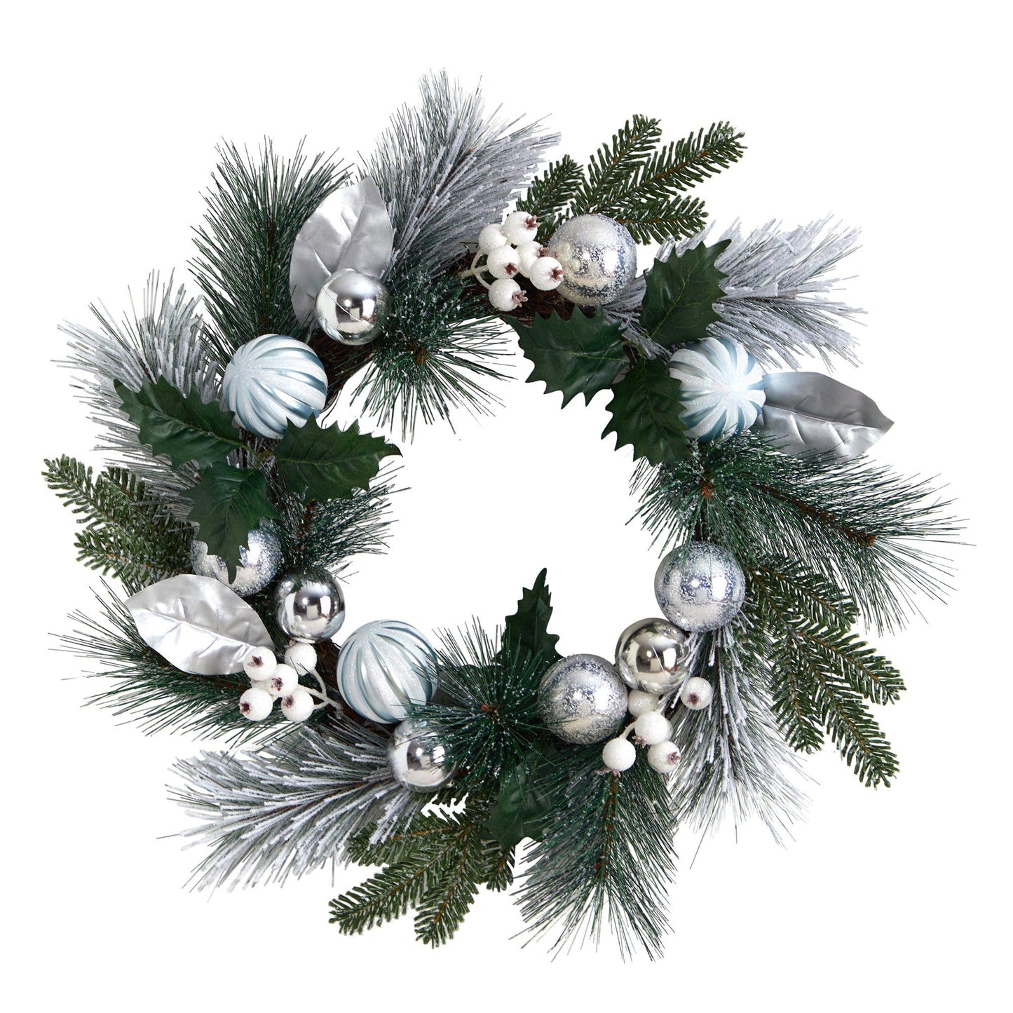 24” Pinecones and Berries Christmas Artificial Wreath with Silver Ornaments - Tampa Home & Garden Store