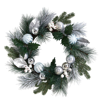 24” Pinecones and Berries Christmas Artificial Wreath with Silver Ornaments - Tampa Home & Garden Store