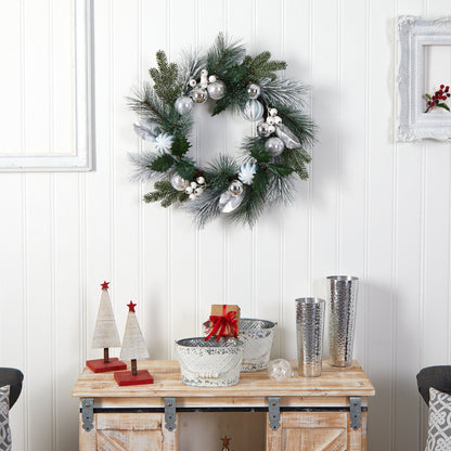 24” Pinecones and Berries Christmas Artificial Wreath with Silver Ornaments - Tampa Home & Garden Store