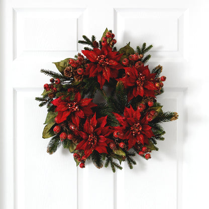 24" Poinsettia & Berry Wreath" - Tampa Home & Garden Store