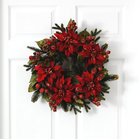 24" Poinsettia & Berry Wreath" - Tampa Home & Garden Store