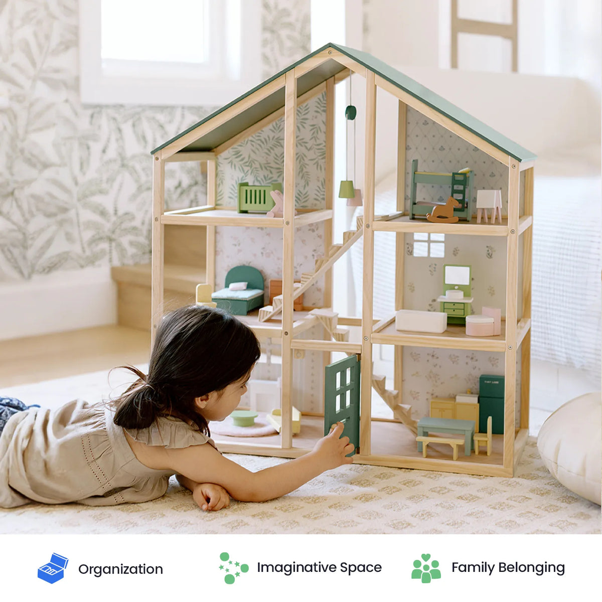 Dollhouse Tiny Land Sweetwood, natural wood frame with green roof and multiroom layout on Tampa Home & Garden Store
