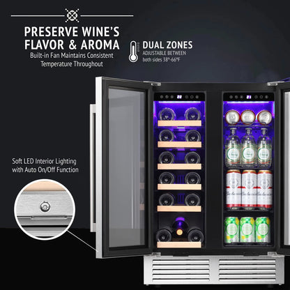 Refrigerador de vinos de doble zona de 24 pulgadas, refrigerador de bebidas W51115