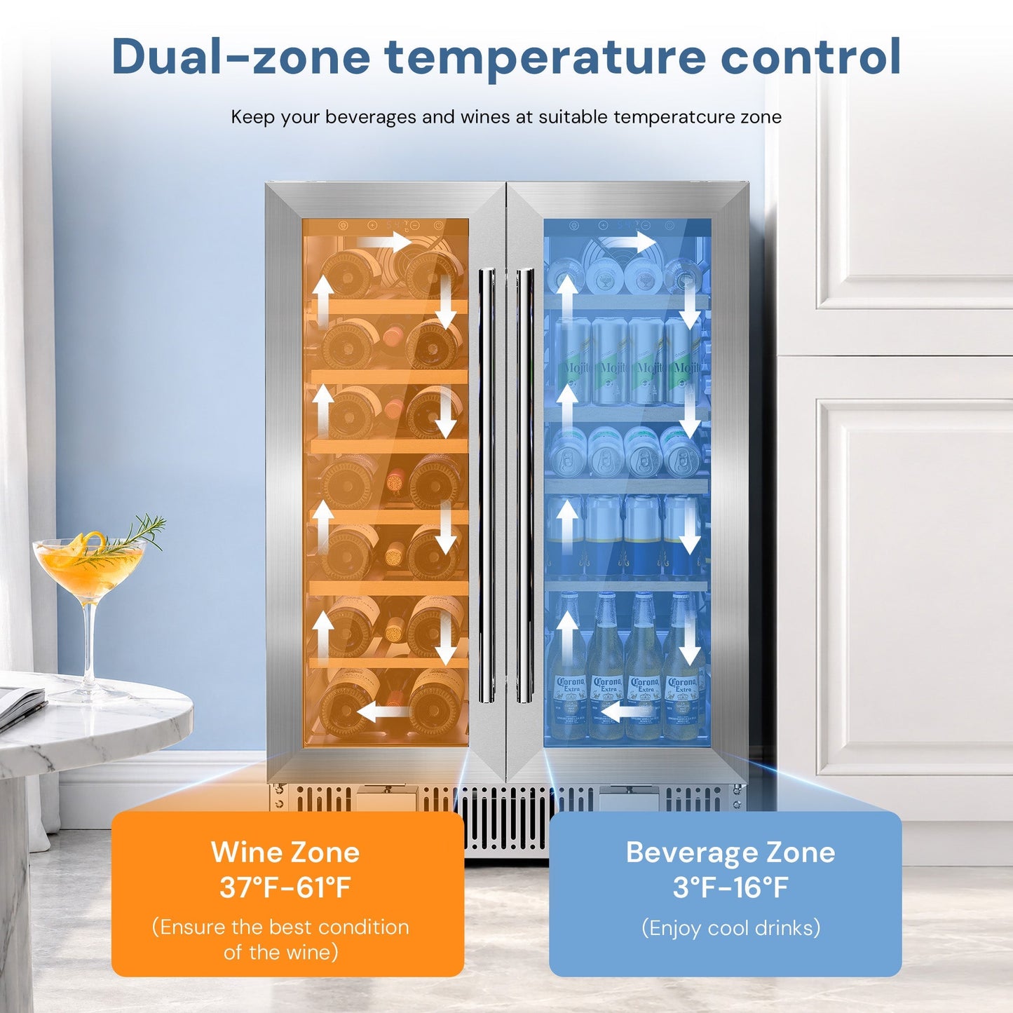 Kismile 24 Inch Dual Zone Wine Fridge W51115 with orange wine zone and blue beverage zone on Tampa Home & Garden Store