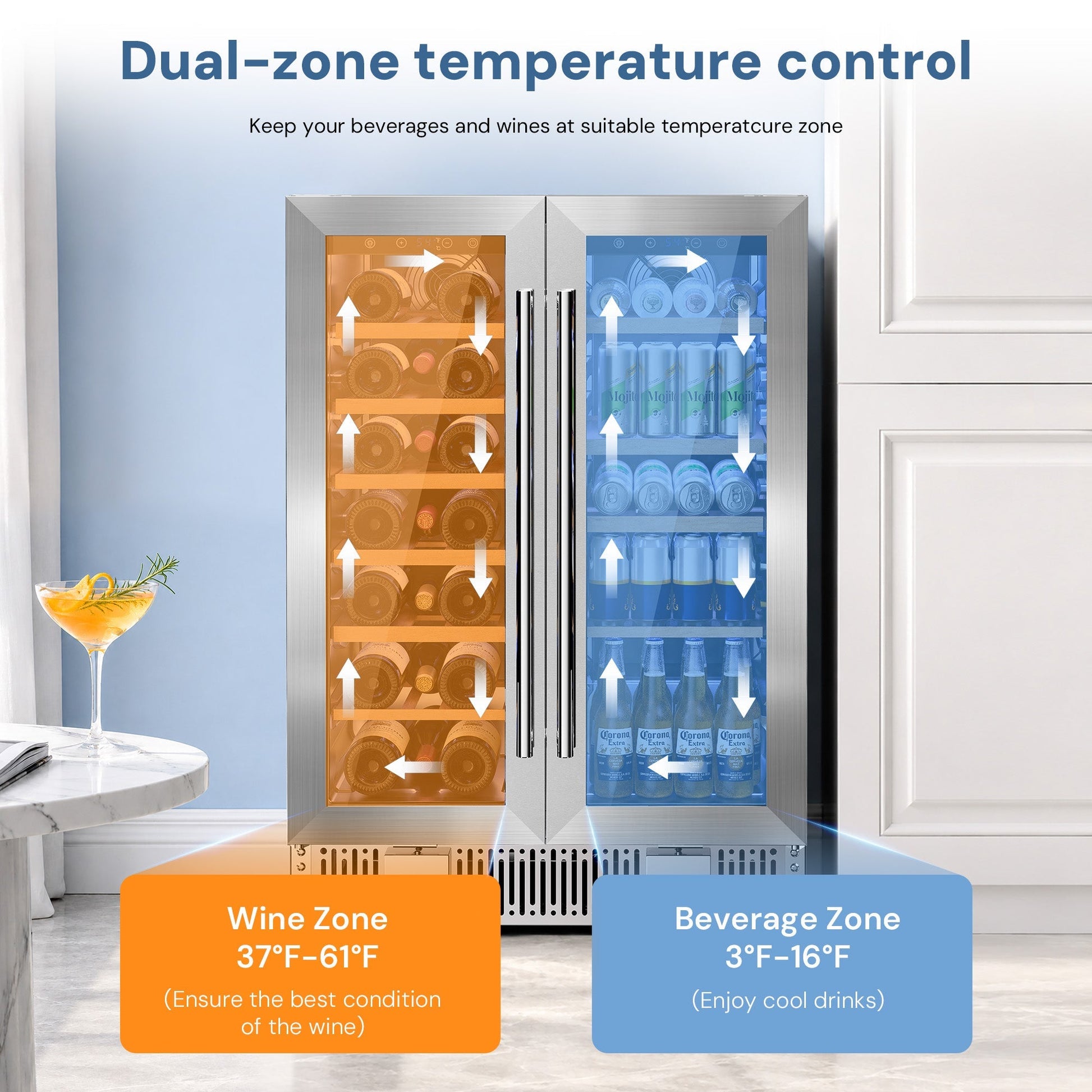 Kismile 24 Inch Dual Zone Wine Fridge W51115 with orange wine zone and blue beverage zone on Tampa Home & Garden Store