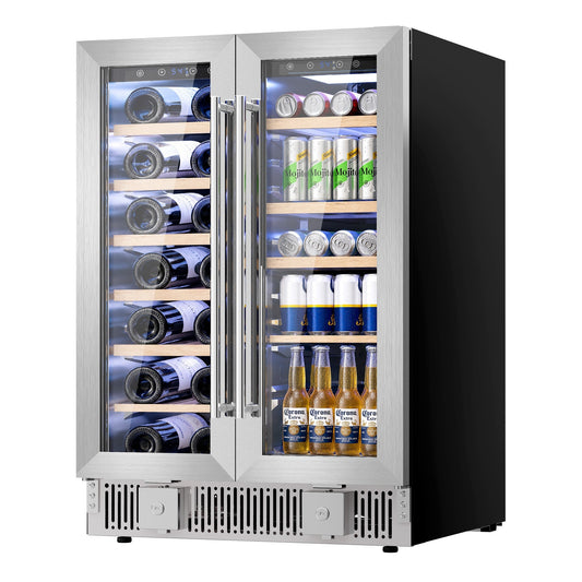 24 Inch Dual Zone Wine Fridge W51115 by Kismile stainless steel glass doors wine bottles left beer bottles right on Tampa Home & Garden Store