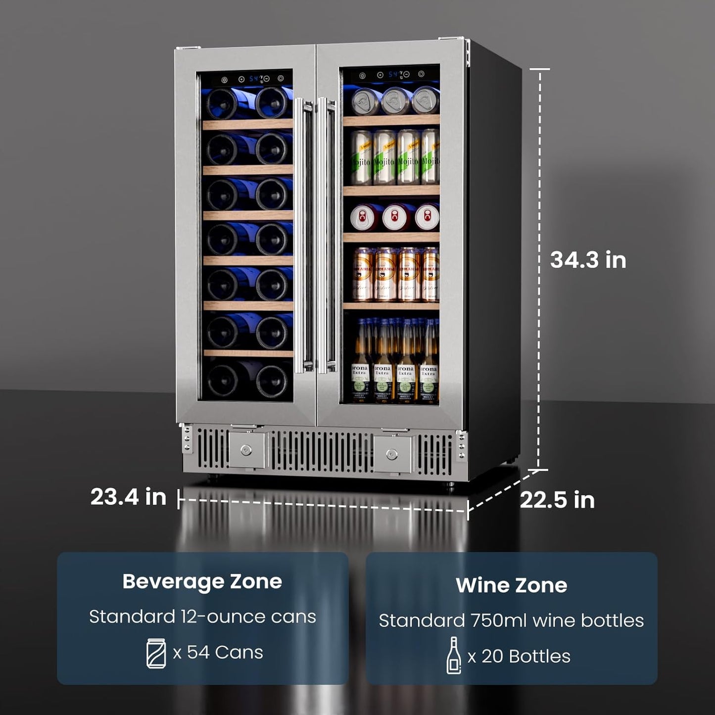 Refrigerador de vinos de doble zona de 24 pulgadas, refrigerador de bebidas W51115