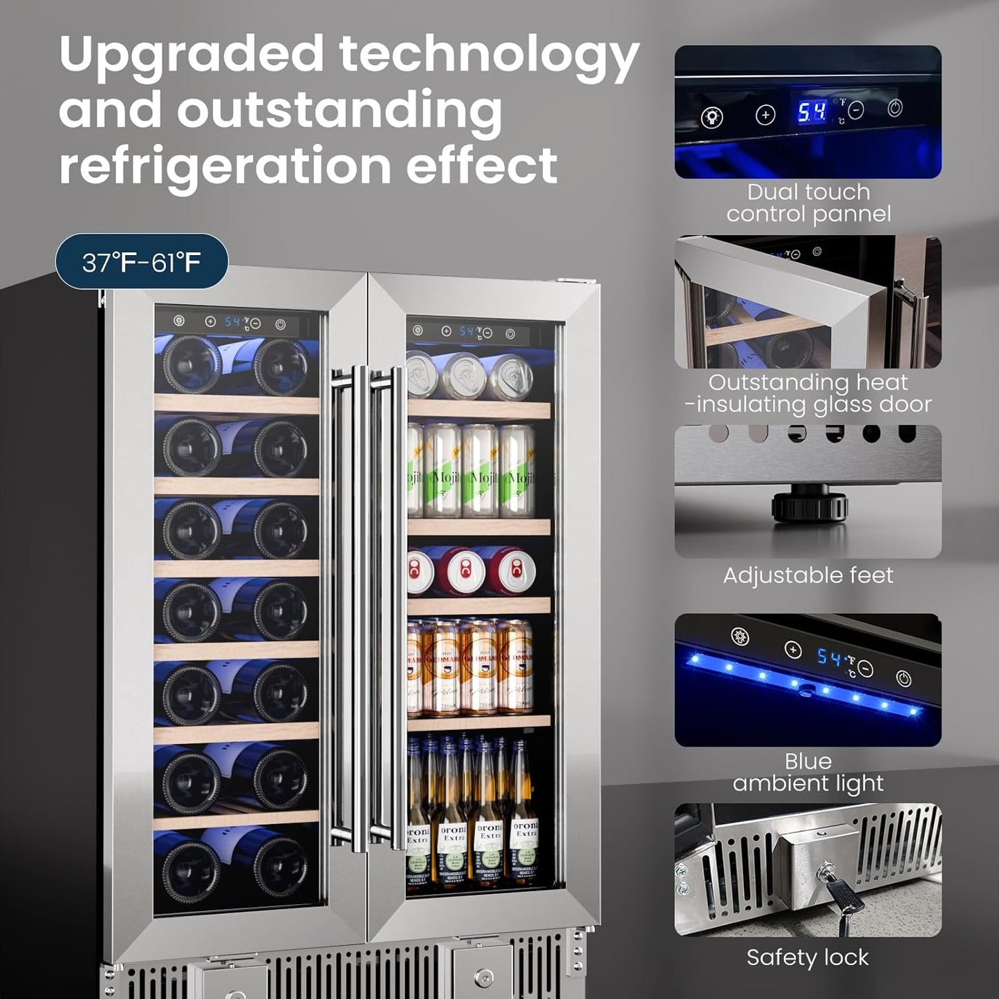 Refrigerador de vinos de doble zona de 24 pulgadas, refrigerador de bebidas W51115