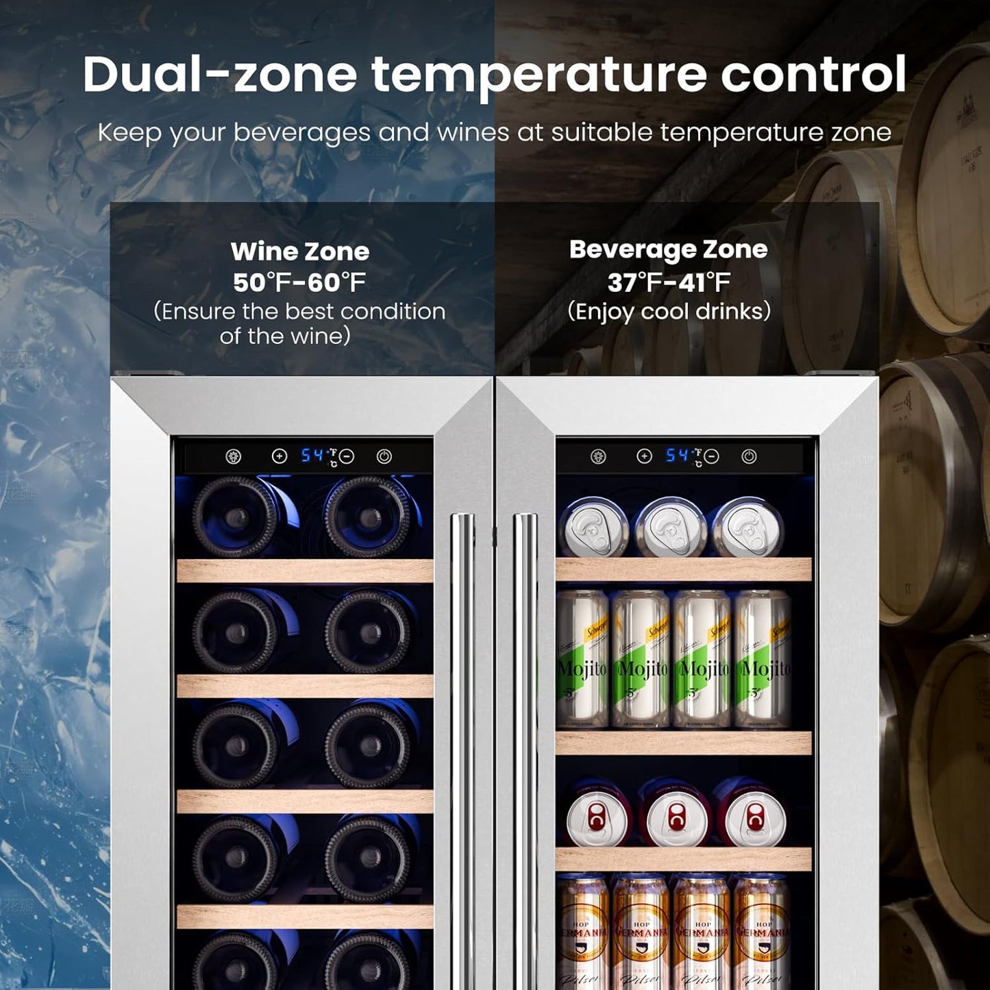 Refrigerador de vinos de doble zona de 24 pulgadas, refrigerador de bebidas W51115