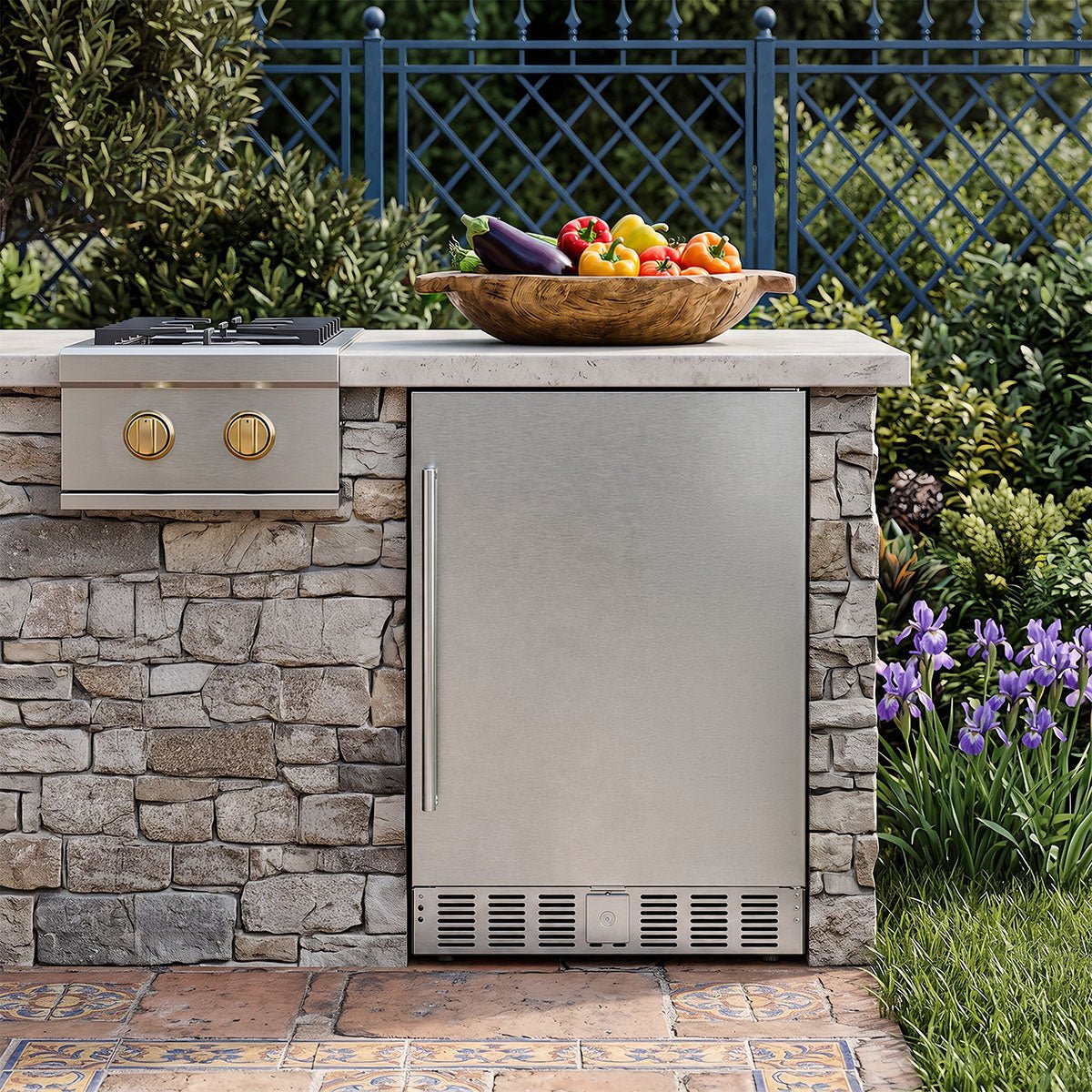 24-inch indoor outdoor beverage refrigerator by Kismile stainless steel under stone counter on Tampa Home & Garden Store