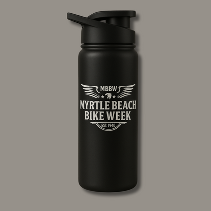Fuel Up MBBW 2025 stainless steel bottle, black with white Myrtle Beach Bike Week logo, sport cap on Tampa Home & Garden Store