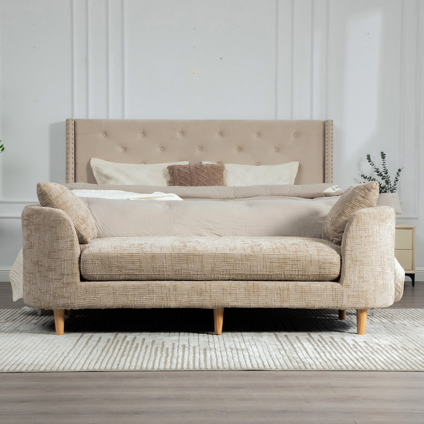 End-of-bed bench 77.17-inch wide beige upholstered seat with armrests by HouseOfZazla on Tampa Home & Garden Store