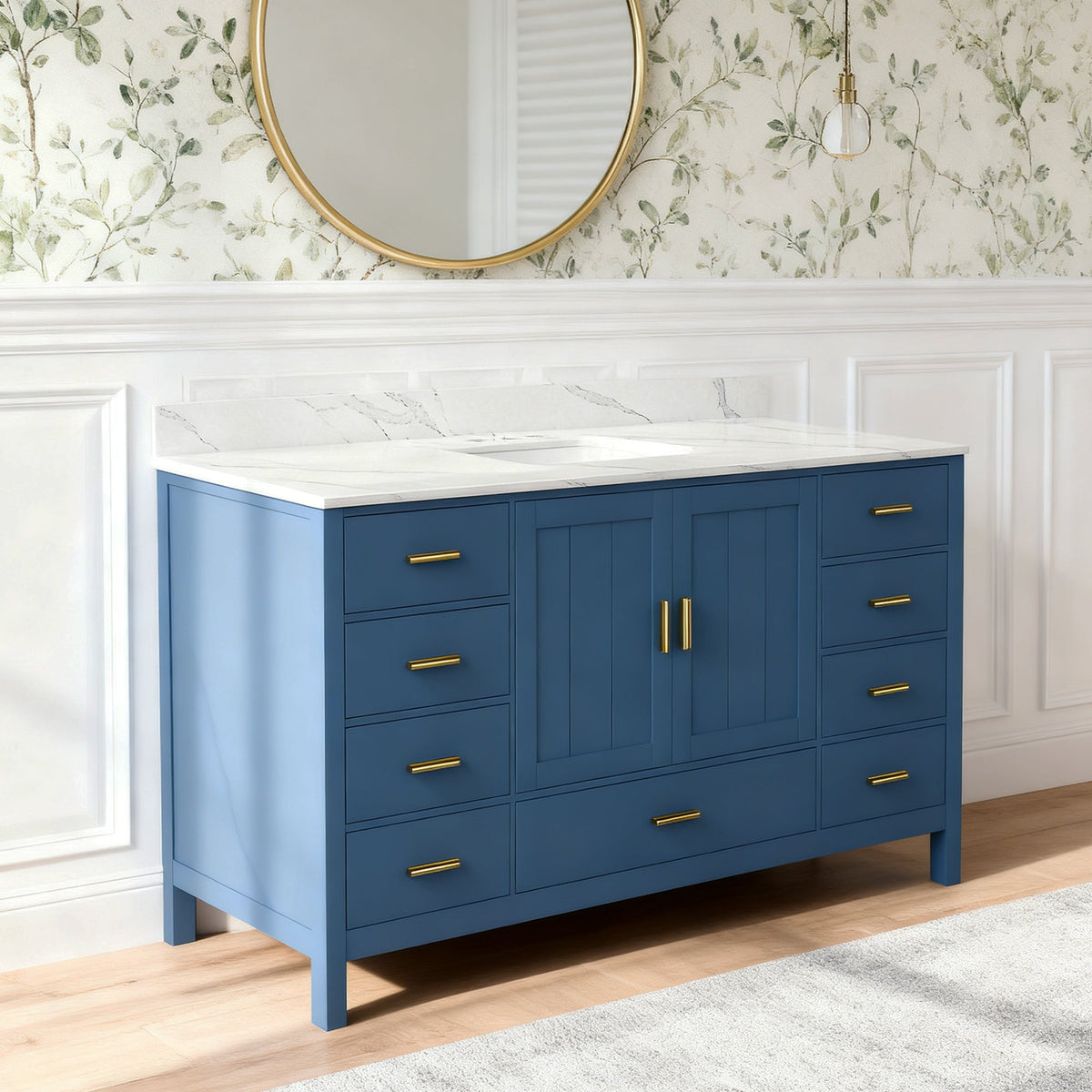 60-inch blue solid wood bathroom vanity with Carrara marble countertop and gold hardware on Tampa Home & Garden Store