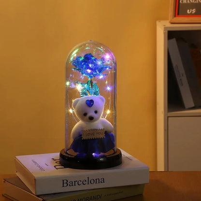 Rose Bear flower under glass dome with blue rose, LED, bear with I LOVE YOU tag on black base on Tampa Home & Garden Store