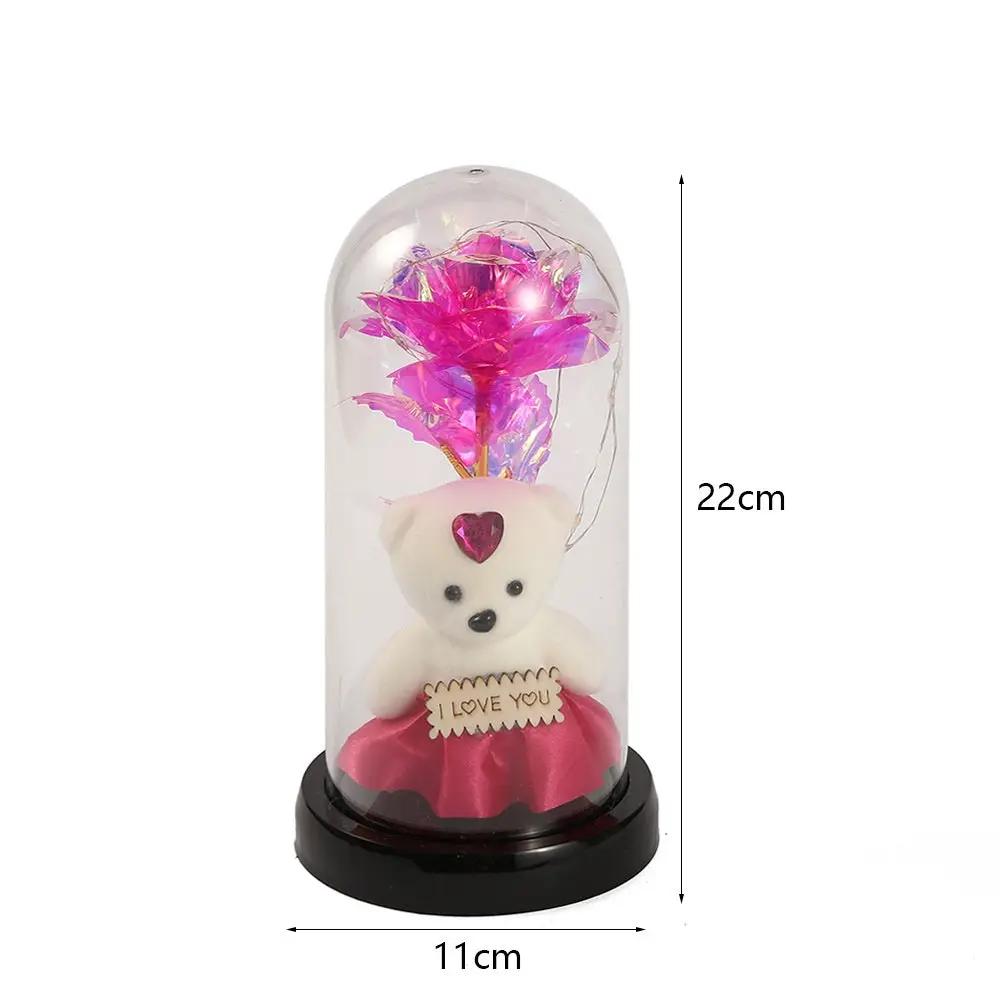 Rose Bear preserved flower under glass dome with pink dress, LED lights on black base on Tampa Home & Garden Store