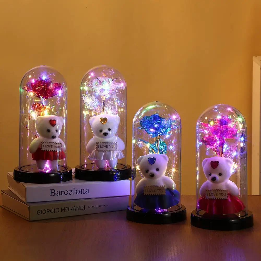 FLIPSTYLEZLLC Rose Bear preserved flower LED glass dome set with four teddy bears in dresses on Tampa Home & Garden Store