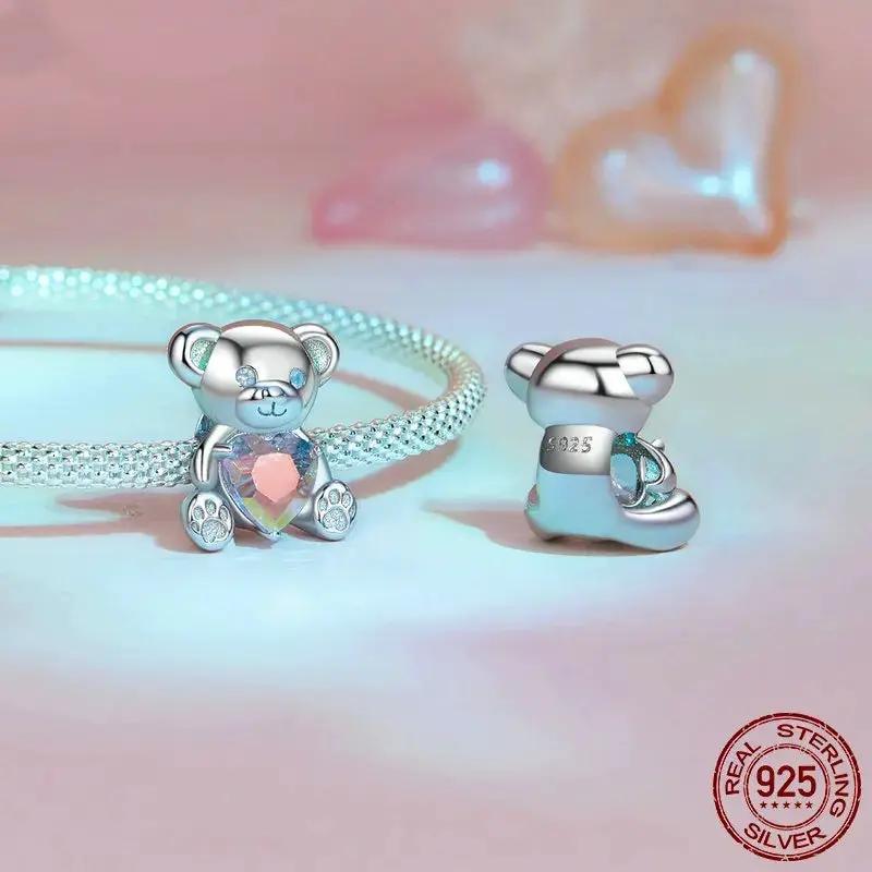 Valentine bear charm bracelet with blue-silver bear and pink heart crystal, 925 sterling silver on Tampa Home & Garden Store