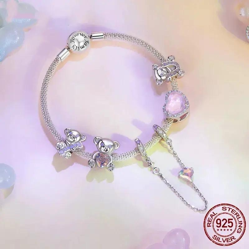 Valentine bear beaded bracelet in silver S925 with FLIPSTYLEZLLC charms and pink heart gem on Tampa Home & Garden Store