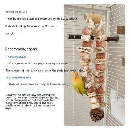 Medium and Large Parrot Grinding Mouth Biting Toy in cage with rope and blocks; parrot perched on Tampa Home & Garden Store