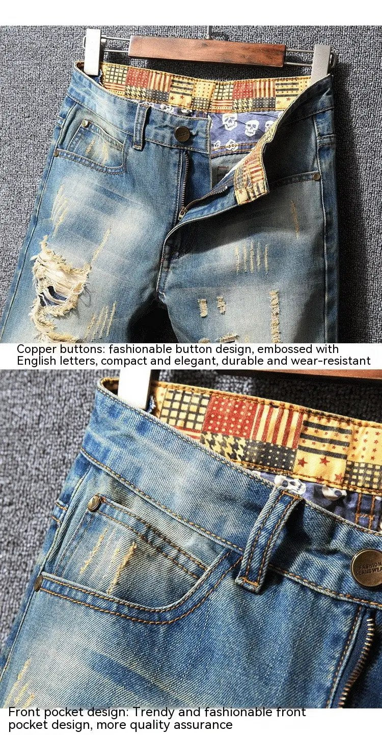 Hong Kong Style Ripped Jeans blue denim with distressed patches and flag-pattern waistband, loose American casual fit on Tampa Home & Garden Store
