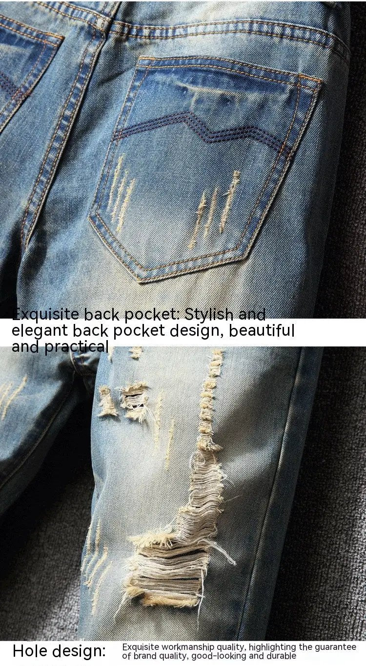 Hong Kong Style Ripped Jeans in blue denim with distressed knees and zigzag back pocket on Tampa Home & Garden Store