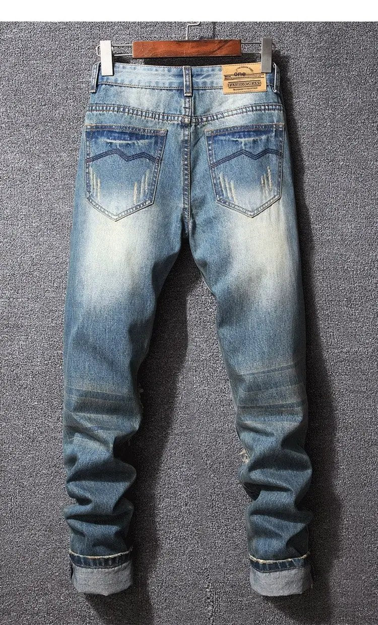Hong Kong Style Ripped Jeans blue denim with back pockets and cuffed hems on Tampa Store on Tampa Home & Garden Store