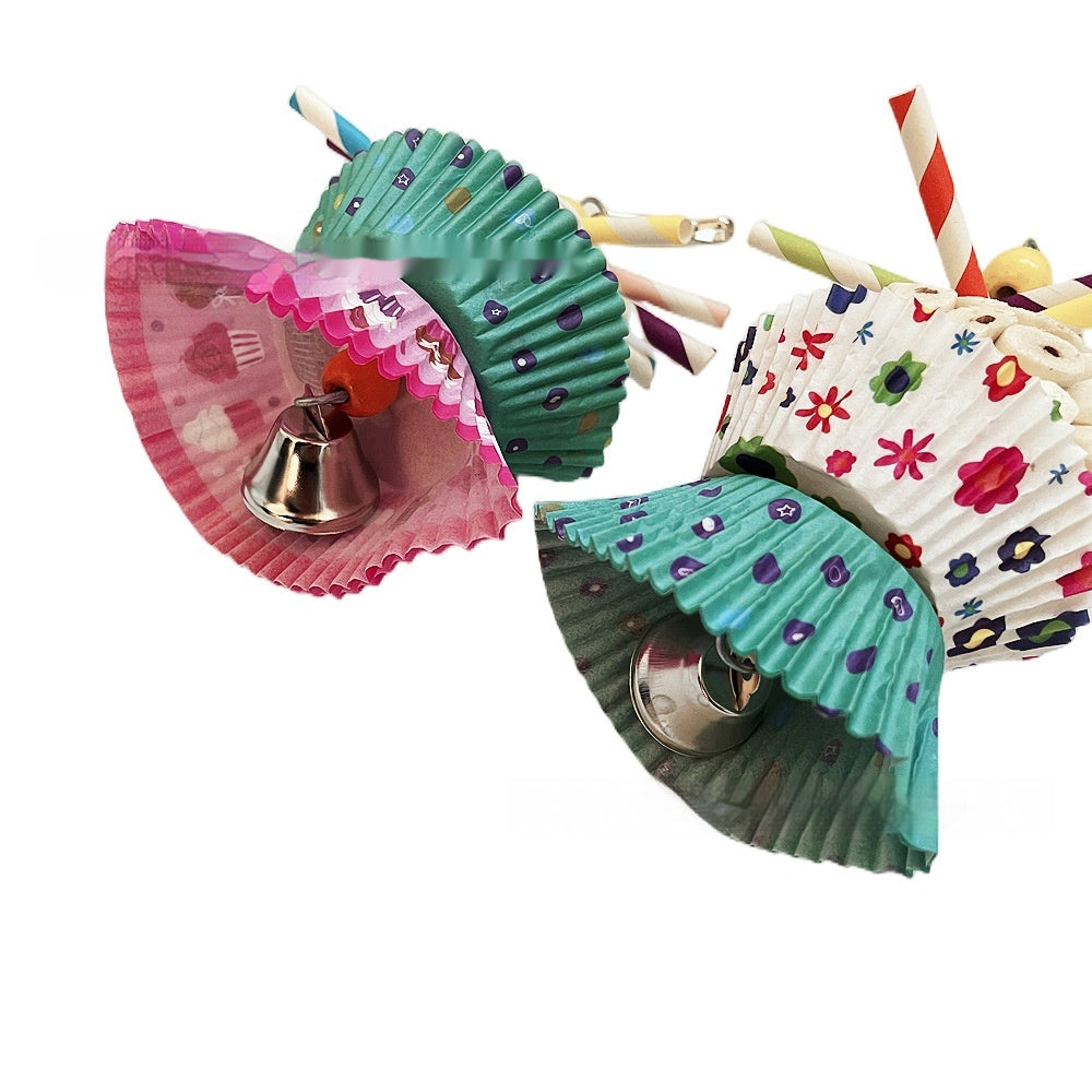Parrot toy soft ball shredding chew, 2-piece set with pink teal paper wraps and bells on Tampa Home & Garden Store