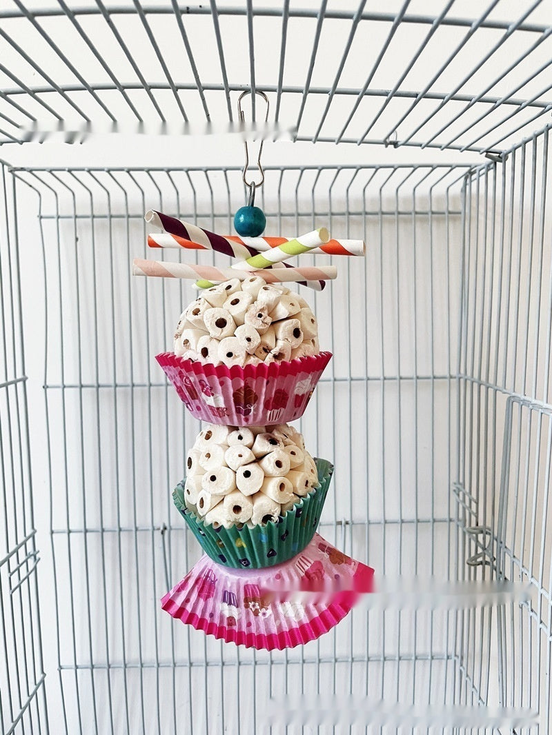 Parrot toy shredding ball; two cereal stacks in pink and green cups with striped straws on Tampa Home & Garden Store