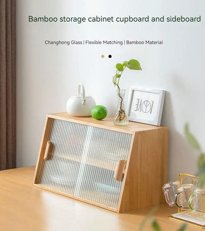 Japanese-style small glass table-top storage cabinet in light solid wood with ribbed doors on Tampa Home & Garden Store