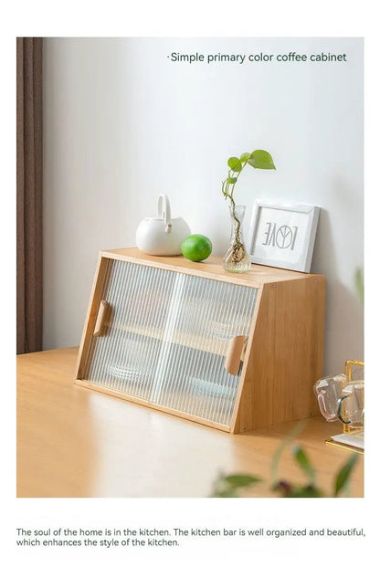 Japanese-style small glass kitchen table top storage cabinet in natural wood with ribbed doors on Tampa Home & Garden Store
