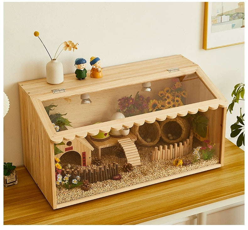 Winter Pet Feeding Incubator natural wood pet habitat with ramp, tunnels, and floral decor on Tampa Home & Garden Store