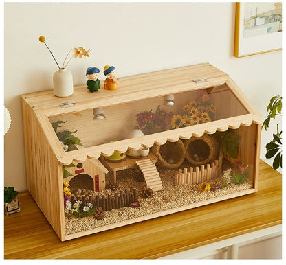 Winter Pet Feeding Incubator natural wood pet habitat with ramp, tunnels, and floral decor on Tampa Home & Garden Store