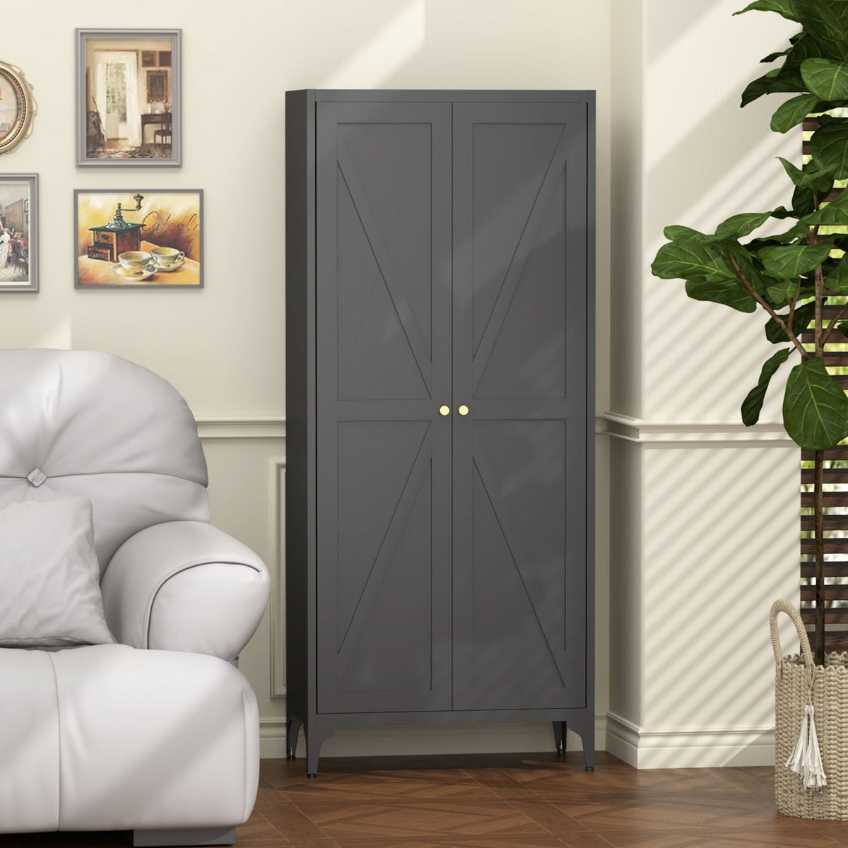 Adjustable 2-Door Kitchen Pantry Cabinet with striped panel design, dark gray finish, gold knobs on Tampa Home & Garden Store