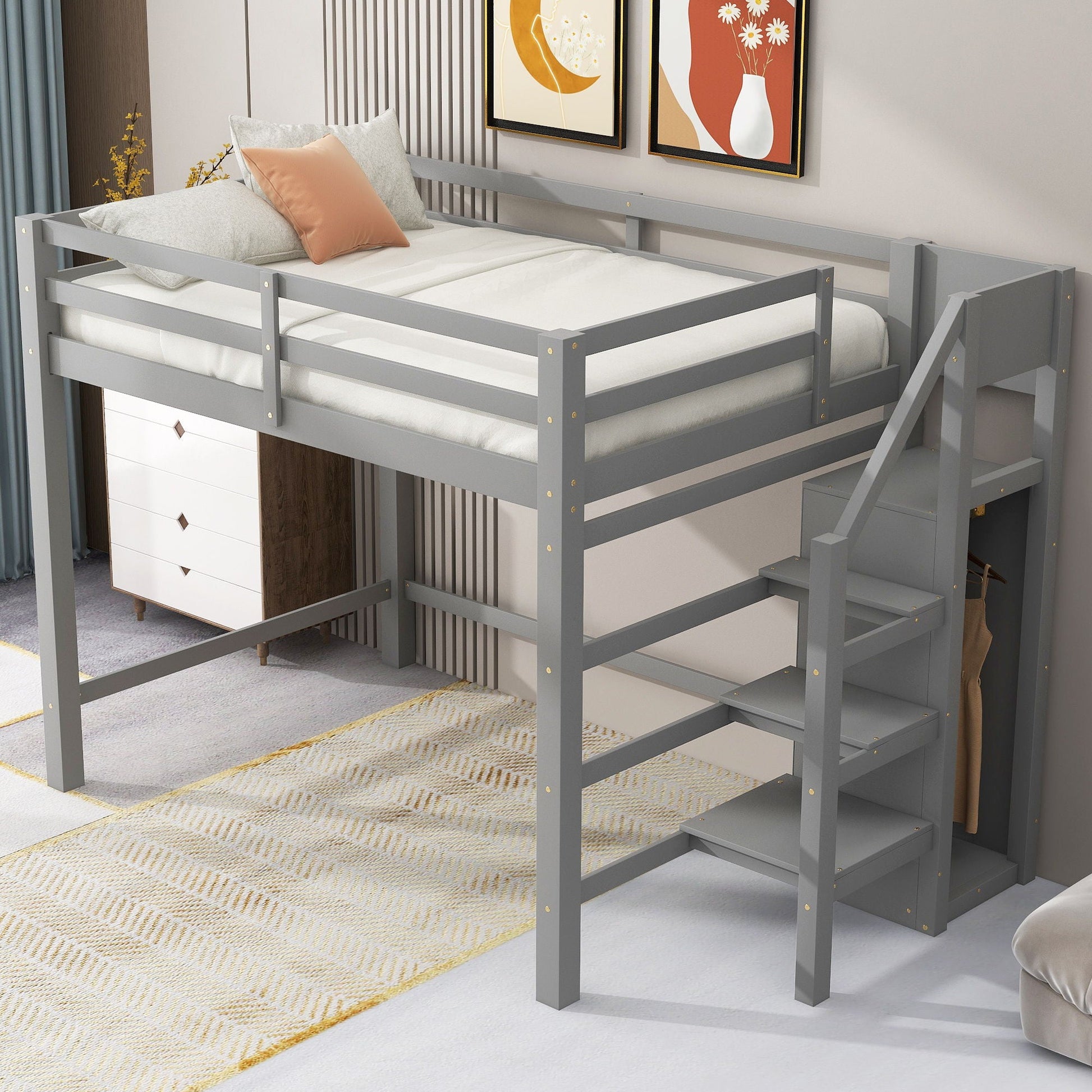 Loft bed with built-in storage wardrobe and staircase in gray by HouseOfZazla on Tampa Home & Garden Store