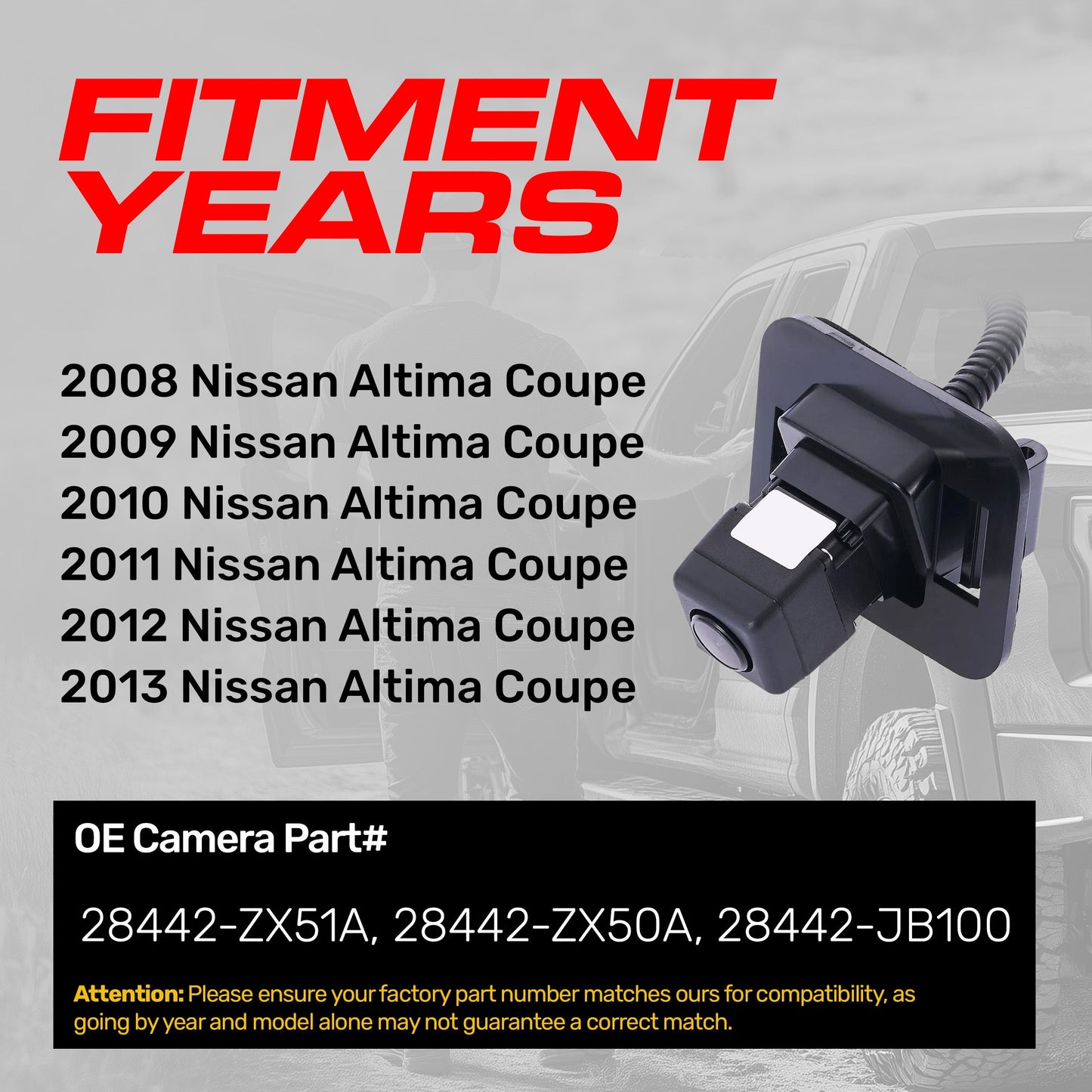 OEM backup camera for 2008-2013 Nissan Altima Coupe, Master Tailgaters black housing on Tampa Home & Garden Store